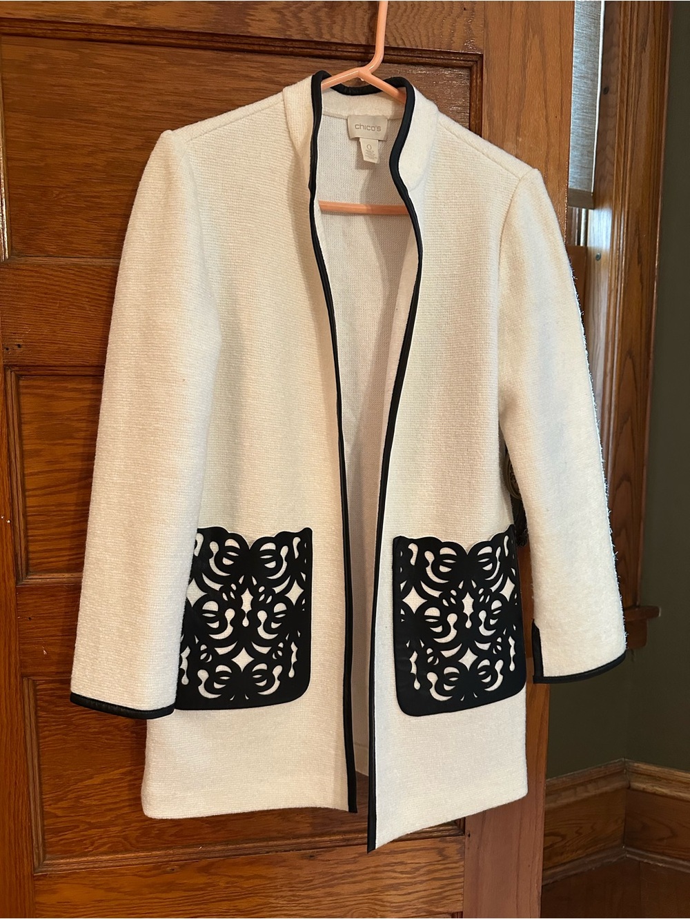Chico's Cream Open-Front Coat with Black Leather Trim